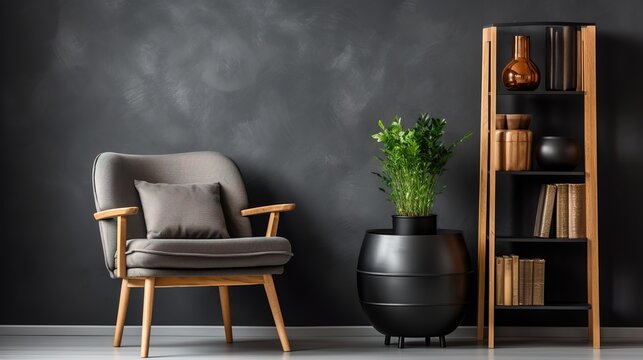 Fototapeta Grey barrel chair against of window and wooden shelving unit and cabinet on dark wall. Scandinavian style interior design of modern living room