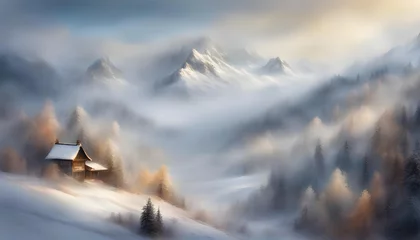 Tuinposter Donkergrijs 壁紙風景素材 雪山【好天の兆し】淡い水彩画風