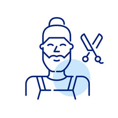 Trendy hair stylist. Man with beard and bun in apron holding scissors. Hair salon. Pixel perfect, editable stroke icon