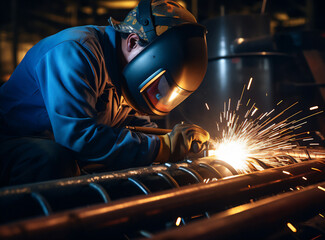 MIG welder uses torch to make sparks during manufacture of metal equipment. - obrazy, fototapety, plakaty