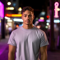 Obraz premium Male T-shirt model, night time street setting