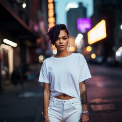 Fototapeta premium Woman t-shirt mockup, nighttime city. 