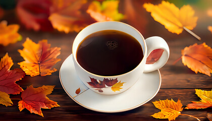 cup of coffee and leaves, Autumn's Aroma: Coffee Cup Resting on Wooden Table