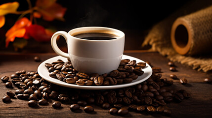 Fototapeta premium Amazing Cup of Black Coffee with Beans on Wooden Table