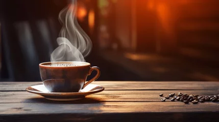 Tuinposter Elegant Cup of Hot Coffee on an Old Wooden Table © BornHappy