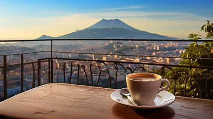 Fotobehang Cup of Coffee with View on Vesuvius Mount in Naples © BornHappy