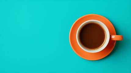 Beautiful Cyan Coffee Cup over Orange Background - obrazy, fototapety, plakaty