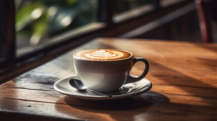 Fototapeta premium Fresh Latte coffee or coffee on wood table at cafe