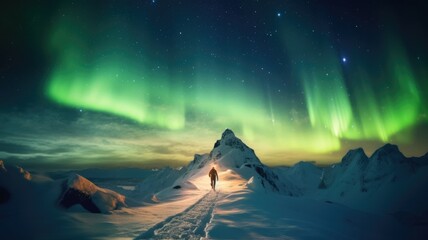 A man and footprint in snow mountain under northern light aurora on winter. Generative AI image weber.