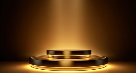 Empty podium design with gold accents. Spotlight on excellence. Stage presentation. Museum of minimalism. Golden cylinder pedestal design