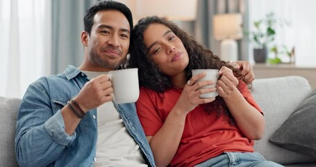 Couple, coffee and cheers or drink with smile for relax, morning espresso or breakfast with satisfied face. Love, people or happiness with mug for energy, romance or break on couch in lounge - Powered by Adobe