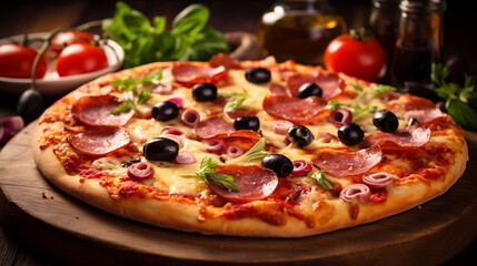 Homemade Hot Pizza with Ham Cheese Tomatoes and Olives