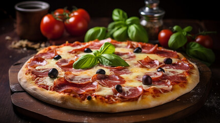 Elegant Homemade Pizza with Tomatoes Olives Salami Mozzarella