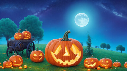 Halloween card background with a vibrant pumpkin patch under a starry night sky
