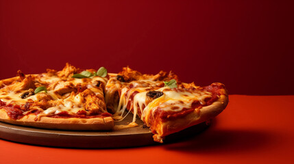 Hot Pizza Chicken and Catupiry Cheese on Red Background