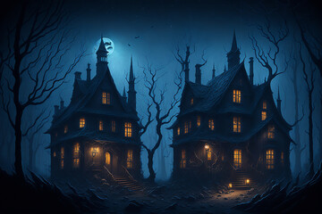 Fototapeta na wymiar Halloween card background featuring a spooky, old haunted house surrounded by a misty forest