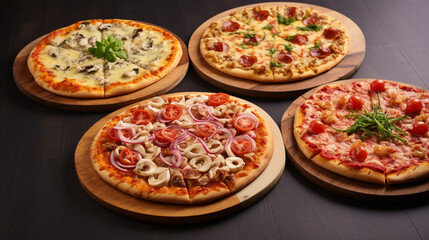Fototapeta na wymiar Fantastic Set of Pizzas Pepper one Cheese Chicken and Tomatoes