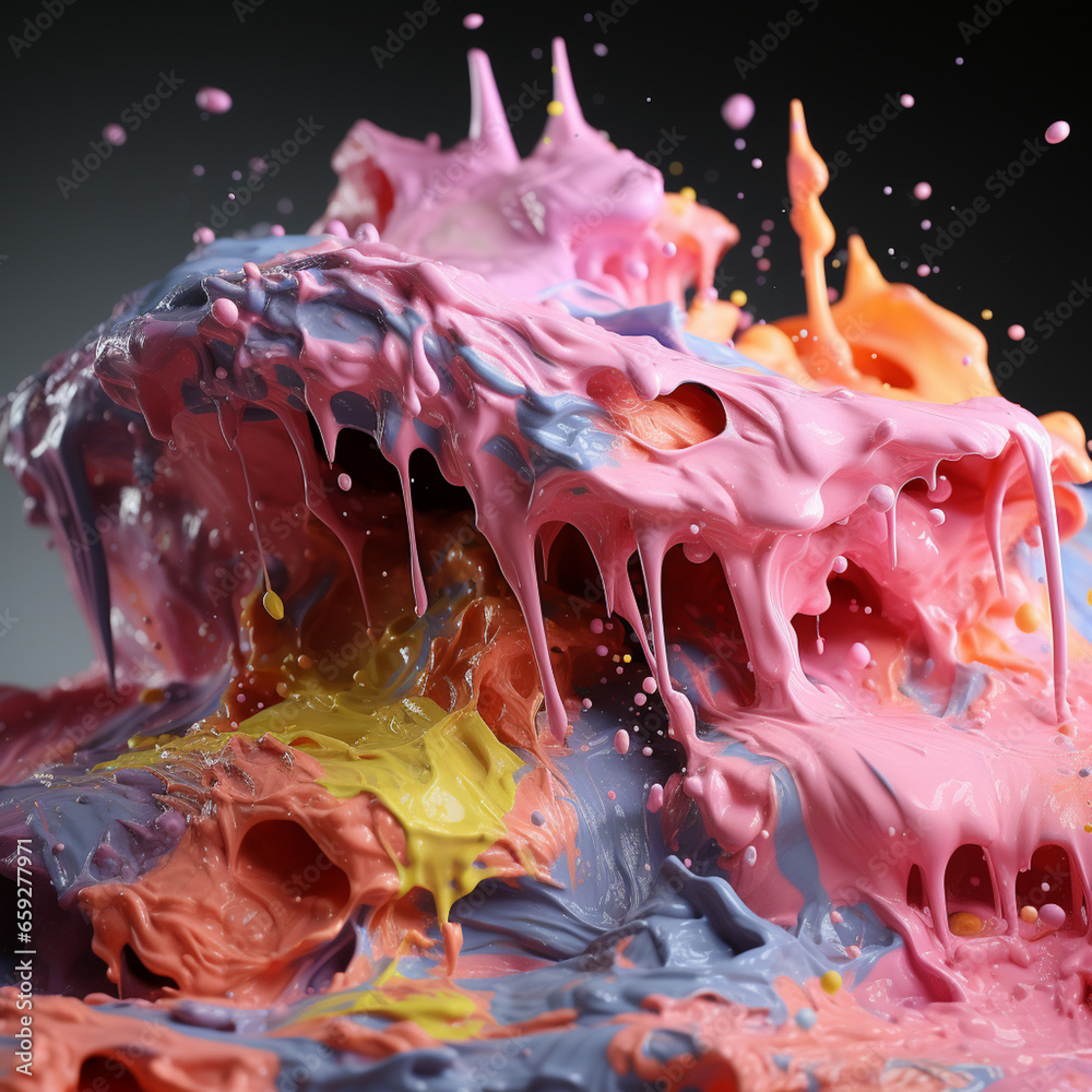 Poster an abstract photograph Fresh and raw meat splashed in bright paint.