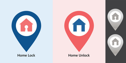Locked Unlocked Home location, icon, badge, logo, symbol, button, pictogram, sticker label, creative, lock, unlock, security, flat vector, isolated illusttration. template. Circle.