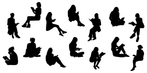 set of silhouettes of illustration woman reading vector - obrazy, fototapety, plakaty
