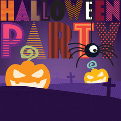 Halloween Party calligraphy with funny pumpkins and spider flat design vector illustration. Happy Halloween greeting card template.