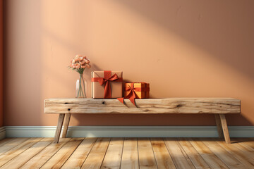 A minimalist indoor scene featuring a single gift box adorned with a satin ribbon, perfectly placed on a minimalist wooden shelf. 