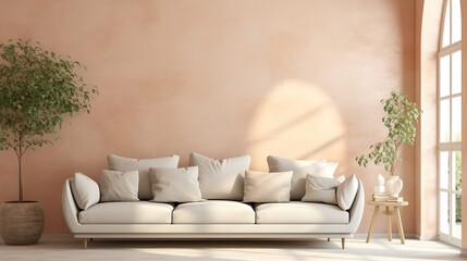 Fototapeta na wymiar Scandinavian, hygge home interior design of modern living room. Cozy white sofa with pillows