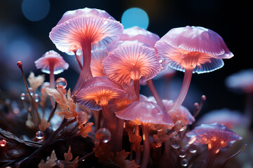 a close up of purple and pink colored mushrooms, 