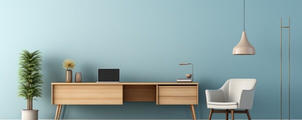 Modern minimal working place with wooden desk. Working from home, - obrazy, fototapety, plakaty