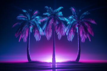 three palm trees in front of a neon wall, in the style of cosmic landscapes, dark sky-blue and violet, 