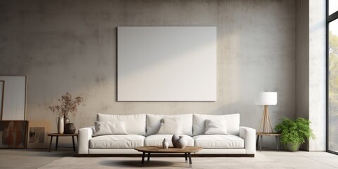Interior of a room with a sofa and empty white canvas for mockup, AI generated
