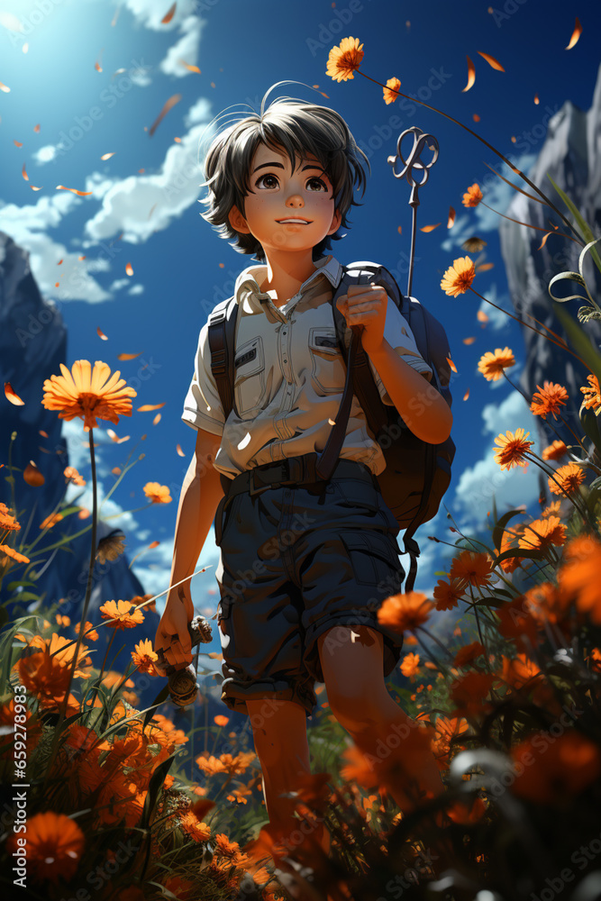 Aufkleber a cartoon schoolboy holds a flower and a bug-catching net, reflecting his fascination with the natur