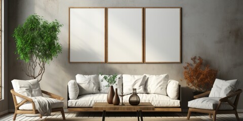 Interior of a room with a sofa and empty white canvas for mockup, AI generated