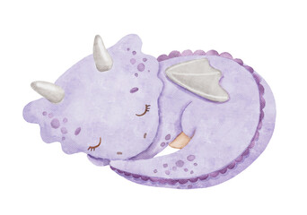 Adorable baby purple watercolor sleeping dragon, whimsical children animal nursery illustration isolated on white background