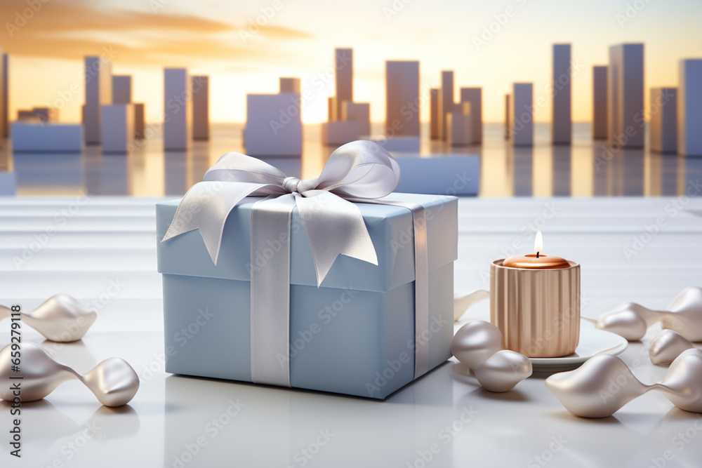 Poster a minimalistic holiday background showcasing a single gift box on a simple white surface.