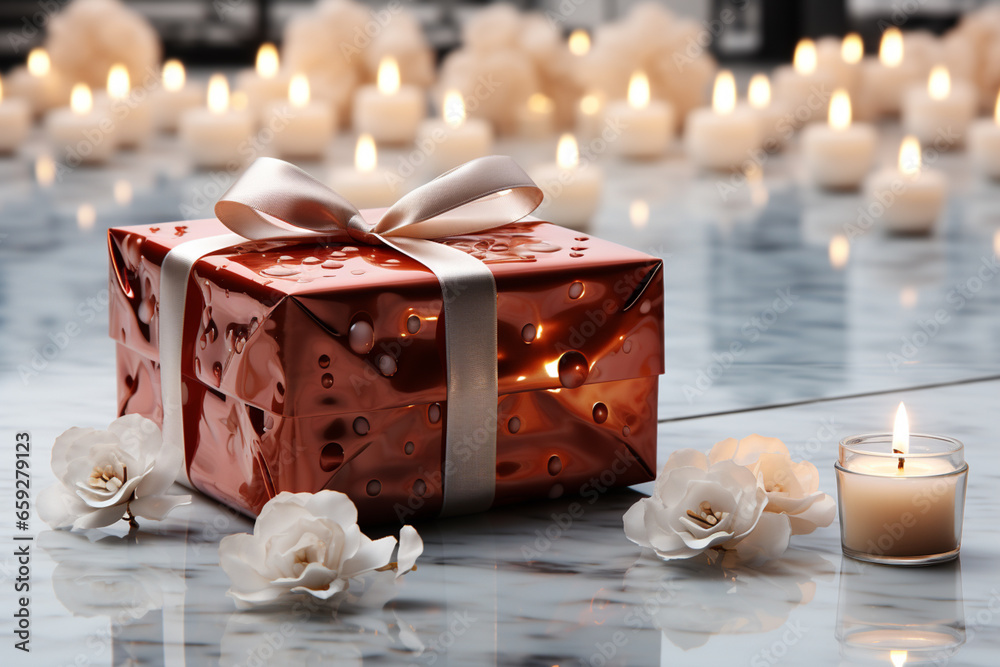 Poster a minimalistic holiday background showcasing a single gift box on a simple white surface.