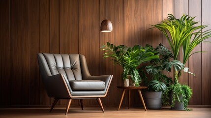 brown leather armchairs. Mid-century style home interior design of modern living room