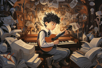 The schoolboy cartoon plays a musical instrument like a guitar or a keyboard, surrounded by musical notes and a lively music room atmosphere.  - obrazy, fototapety, plakaty