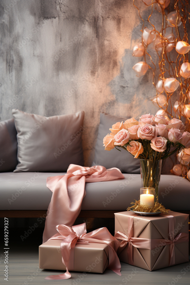 Poster An artistic digital composition showing a gift box resting on a plush couch against a backdrop of soft, muted colors.  