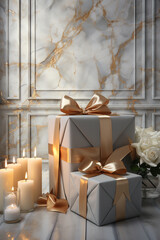 An elegant holiday background with a single gift box on a polished marble surface.