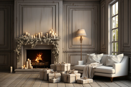 An image showcasing a charming fireplace with a neatly wrapped gift box placed on the mantel. The neutral color scheme and open space