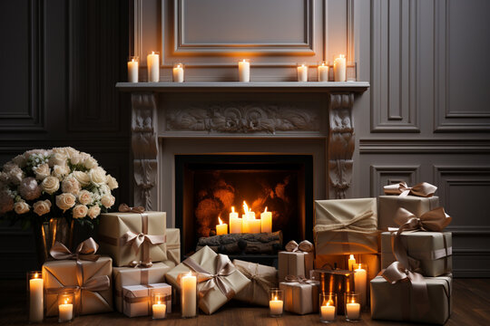 An image showcasing a charming fireplace with a neatly wrapped gift box placed on the mantel. The neutral color scheme and open space 