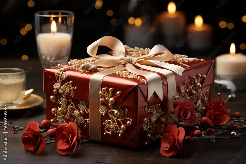 Aufkleber a neatly wrapped gift box sits on a sleek table against a pale backdrop, creating an elegant and fes