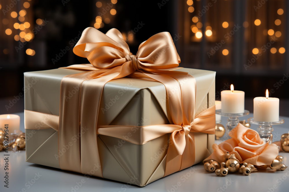 Aufkleber a neatly wrapped gift box sits on a sleek table against a pale backdrop, creating an elegant and fes