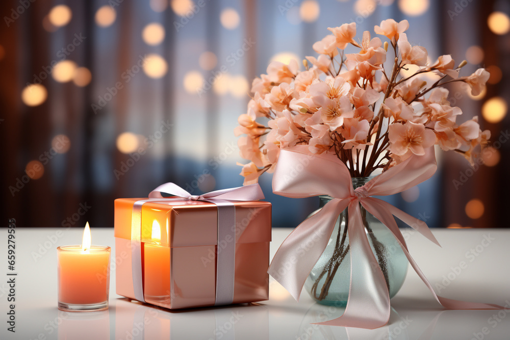 Poster A clean, modern digital background with a soft pastel palette. A neatly wrapped gift box sits on a sleek table against a pale backdrop,  
