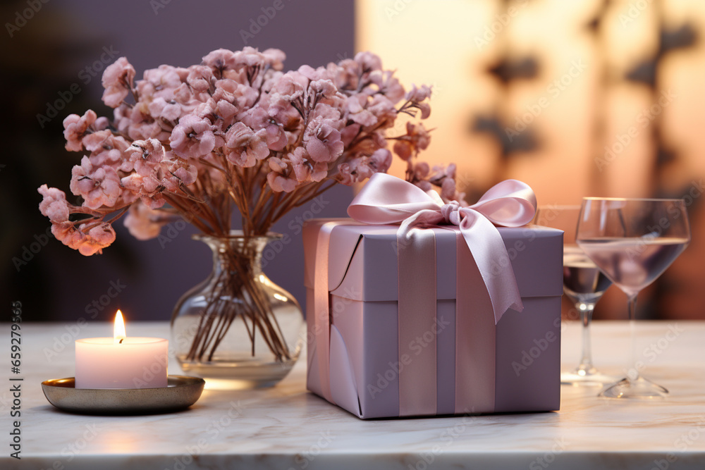 Poster A clean, modern digital background with a soft pastel palette. A neatly wrapped gift box sits on a sleek table against a pale backdrop,  