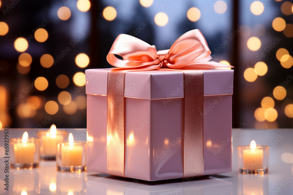 Poster a clean, modern digital background with a soft pastel palette. a neatly wrapped gift box sits on a s