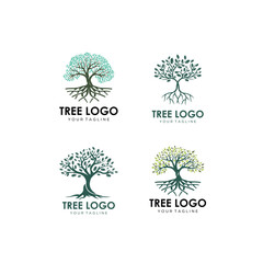 Abstract Tree of life logo icons set. Organic nature symbols. Tree branch with leaves signs. Natural plant design elements emblems. Vector illustration.