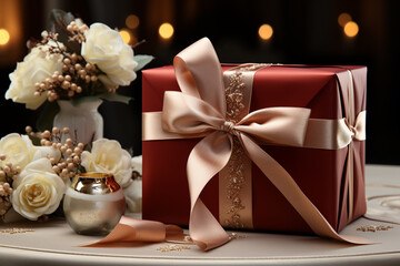 A neatly wrapped gift box sits on a sleek table against a pale backdrop, creating an elegant and festive atmosphere.  