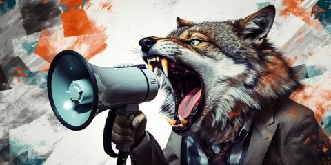 Crazy wolf with megaphone, AI generated